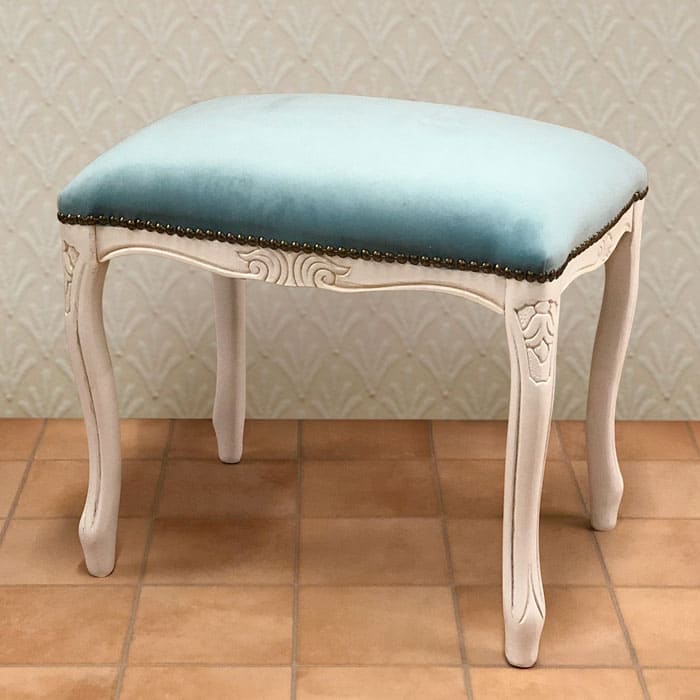 イタリア製猫脚スツール ベルベット (白枠)【ライトブルー/ブラウン