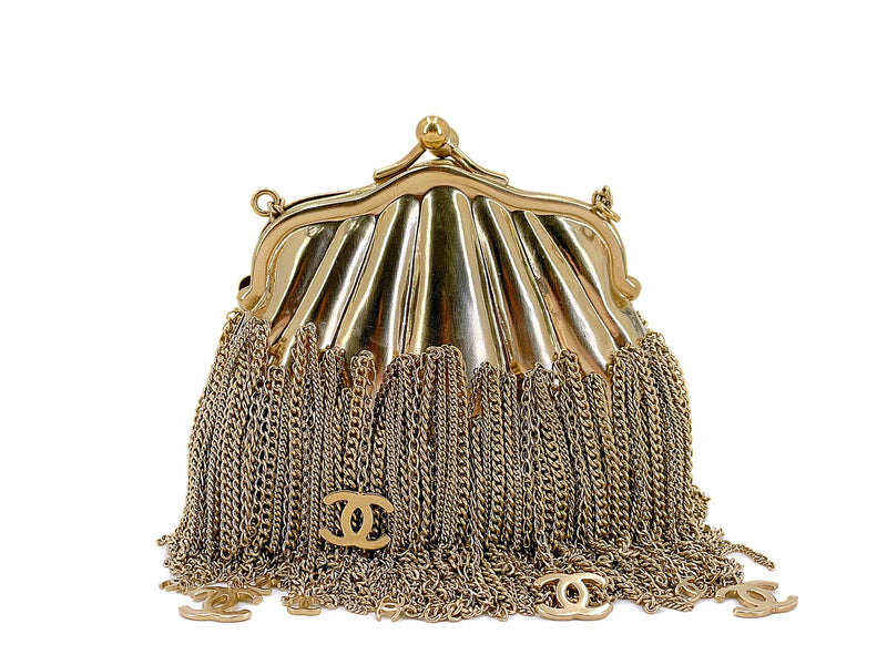 Chanel 2004 Vintage Gold Plated CC Fringe Minaudière Kisslock