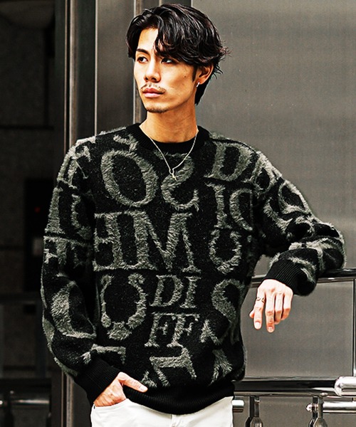 セール】フェザーヤーン総柄ニット ルーズシルエット シャギーニット