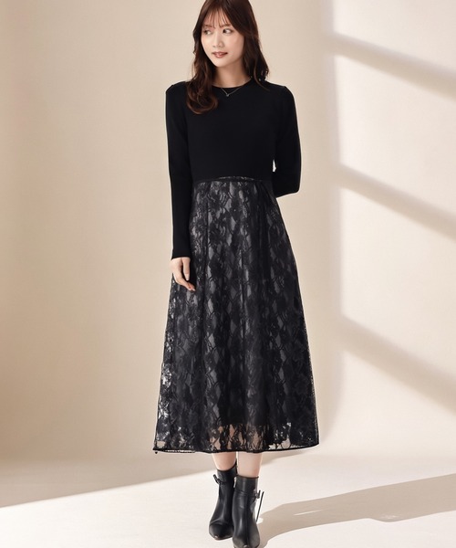 セール】2025秋冬新作 ラメレースニットドッキングワンピース