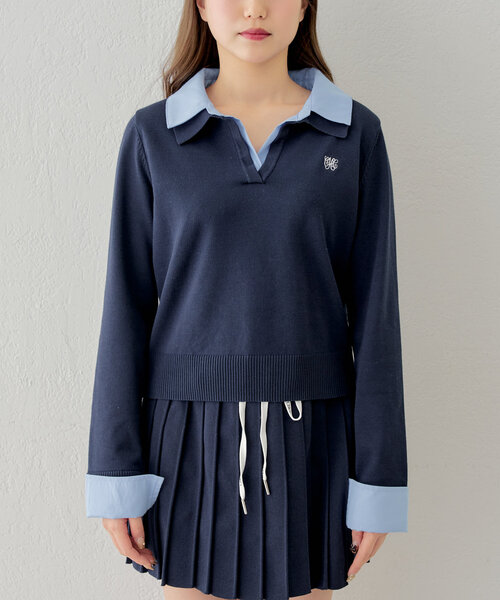 Chico（チコ）の「【セットアップ対応】刺繍入り襟付きポロニット