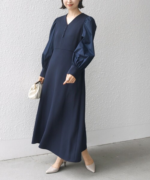 セール】〈手洗い可能〉異素材 コンビ フロント ボタン ワンピース