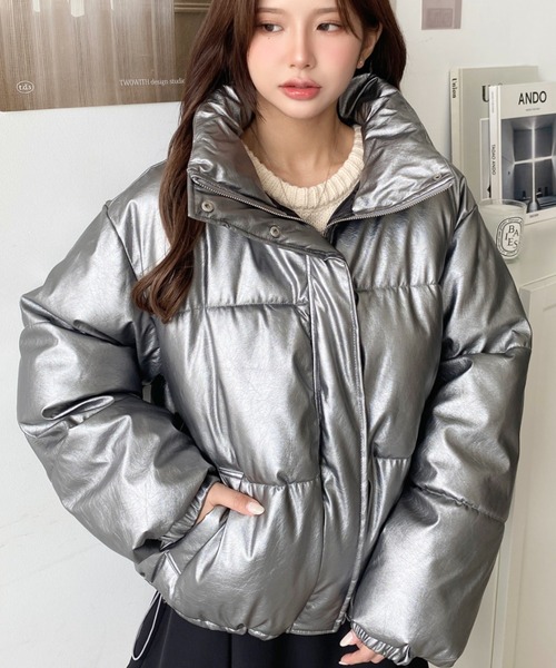 セール】スタンドカラーファイバーダウンソフトフェイクレザーブルゾン