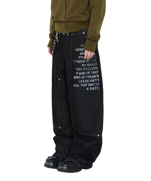 セール】Double Knee Lettering Denim Pants (Black)（デニムパンツ