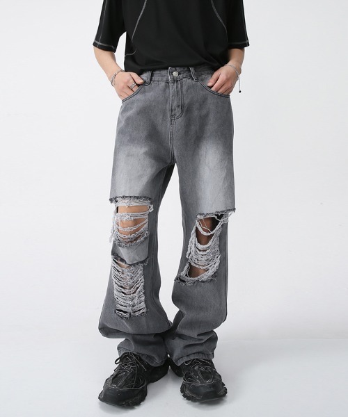 ルーズシルエット ハードクラッシュダメージ加工 グレーワイドデニム