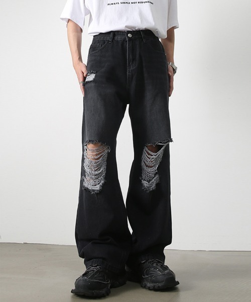 ハードクラッシュダメージ加工 ワイドストレートブラックデニムパンツ