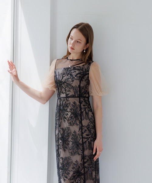 セール】【LEJA】アシンメトリーシアーフラワードレスワンピース美脚