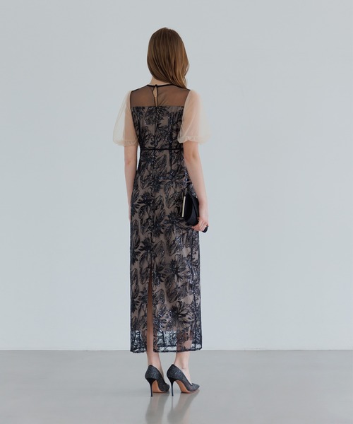 セール】【LEJA】アシンメトリーシアーフラワードレスワンピース美脚