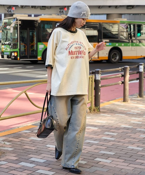 ヴィンテージライクロゴデザイン ビッグシルエットリンガー半袖Tシャツ