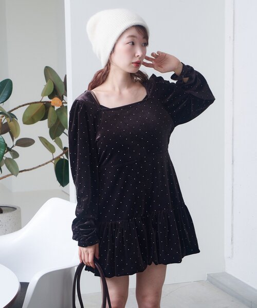 セール】【結婚式/オケージョン】ベロアスタッズミニワンピース