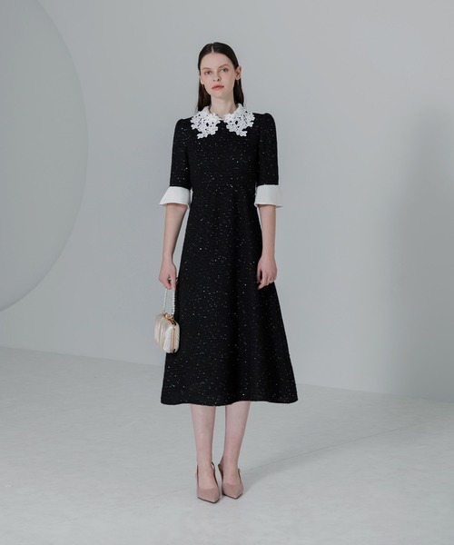 セール】【LEJA】花柄レースカラースパンコール刺繍Aラインフレ