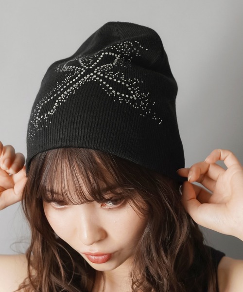 シングルビーニー/ニット帽/ラインストーン3（ニットキャップ/ビーニー
