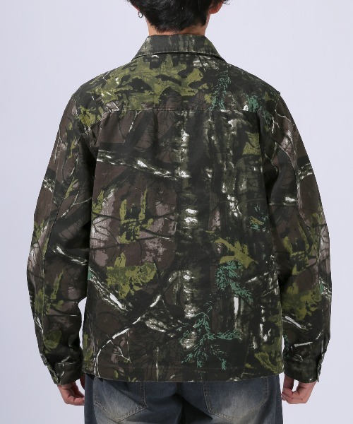 セール】バイオストーンウォッシュ迷彩オープンカラーデニムジャケット