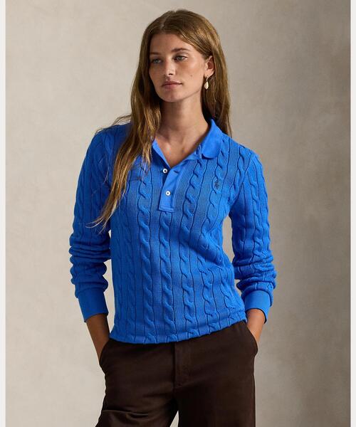 ケーブルニット コットン ロングスリーブ ポロシャツ（ポロシャツ