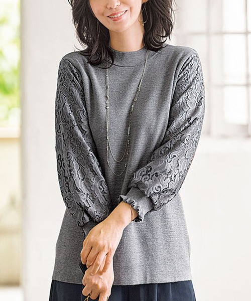 BELLUNA PLUS（ベルーナ）の「袖レースデザインニットプルオーバー