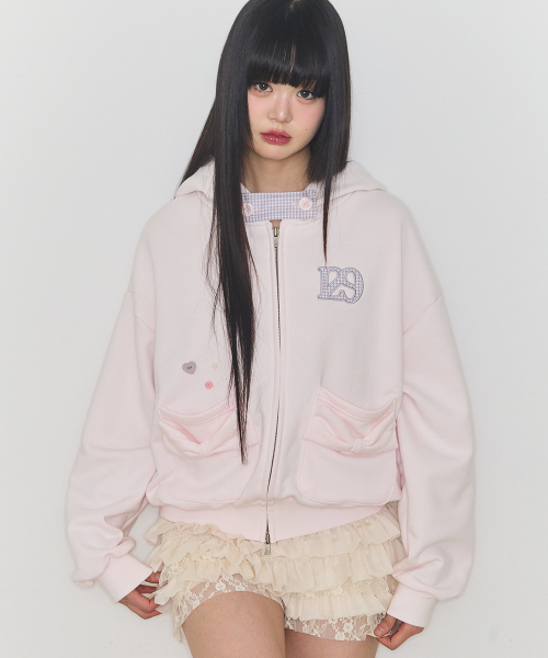 チェックボウポケットフードジップアップベビーピンク（パーカー