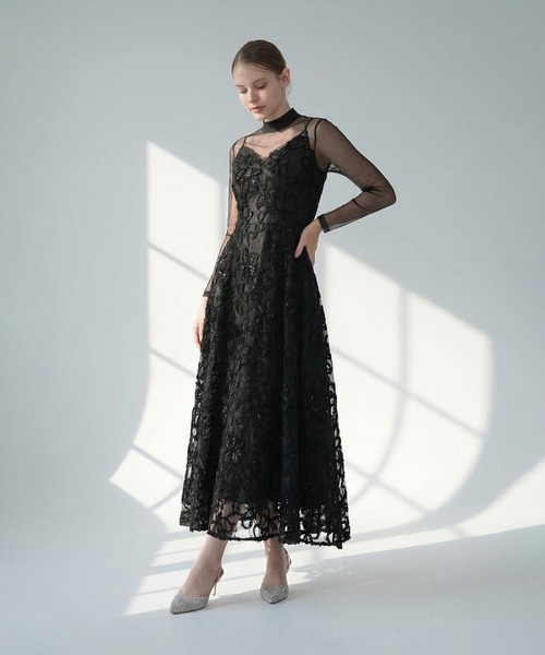 セール】【LEJA】シアーフラワーレースレイヤードワンピースドレス2点