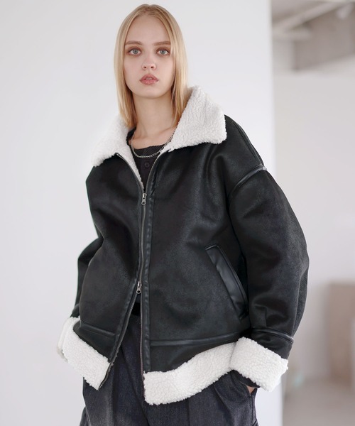 ダブルジップ裏ボアフェイクムートンジャケット（ムートンコート