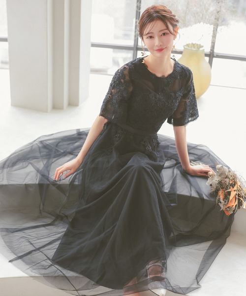 セール】パーティー ドレス 二次会 シースルーレース 五分袖 シフォン