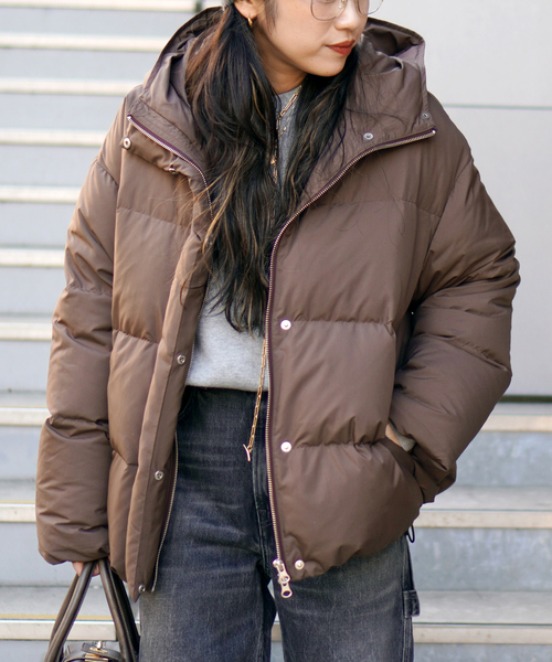 フードダウンジャケット(ブラウン)（ダウンジャケット/コート