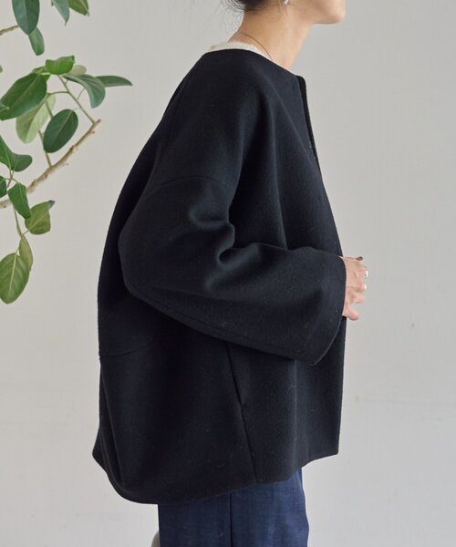 セール】後ろぷっくりウールショートコート（ノーカラーコート