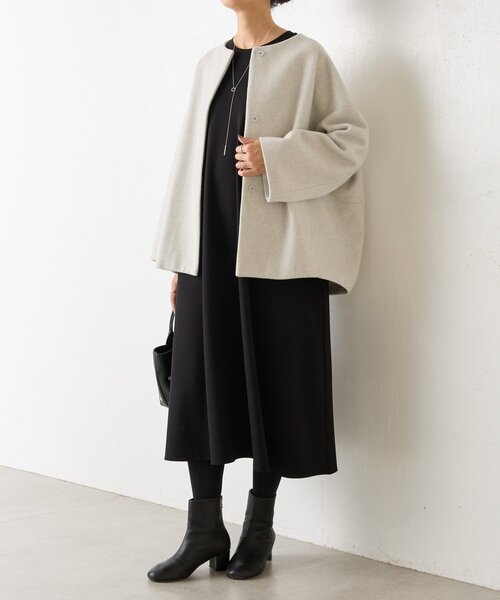 セール】後ろぷっくりウールショートコート（ノーカラーコート