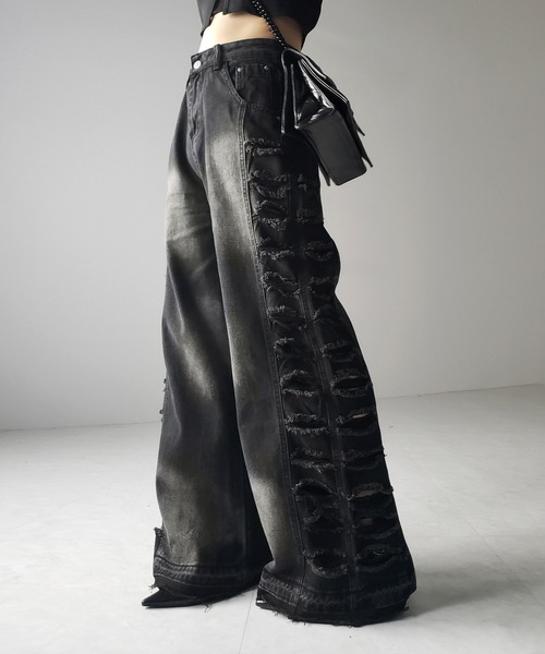 4size 】ヘビークラッシュサイドダメージブラックヴィンテージデニム