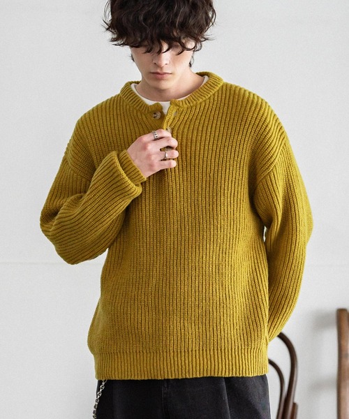 セール】新色追加 オーバーサイズ畦編みヘンリーネックニットセーター