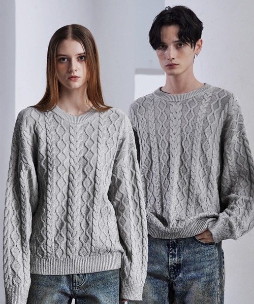 CLEL】Foil Print Cable Crew Neck Knit / 箔プリント ケーブルクルー