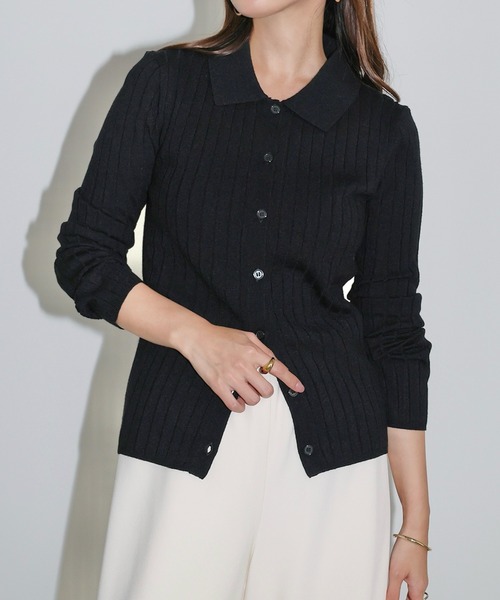 セール】【新色追加】襟付きリブニットカーディガントップス