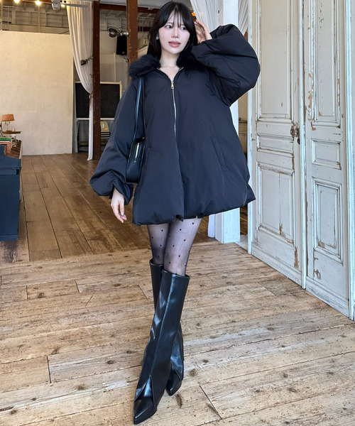 セール】ファー付ポンチョ風パフィーコート（ダウンジャケット/コート