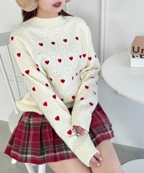 セール】ハート刺繍ケーブルニットトップス（ニット/セーター