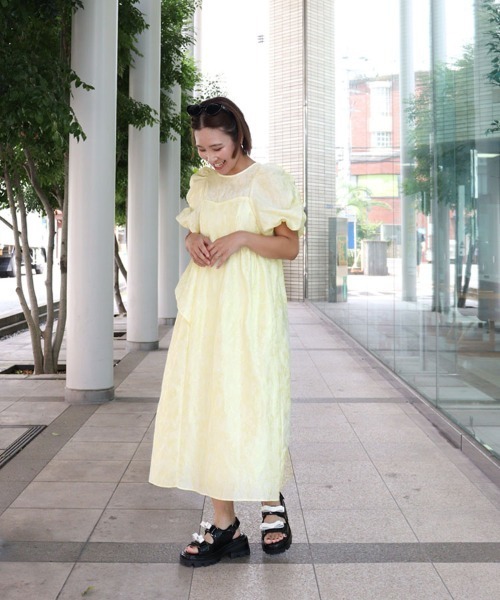 セール】【ANDRESD】bubble sleeve jacquard dress［バブルスリーブ