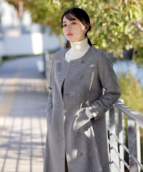 ウール95%】ノーカラー包みボタンAラインコート（ノーカラーコート