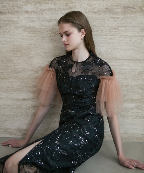 セール】【LEJA】フラワースパンコールチュールスリーブIラインドレス