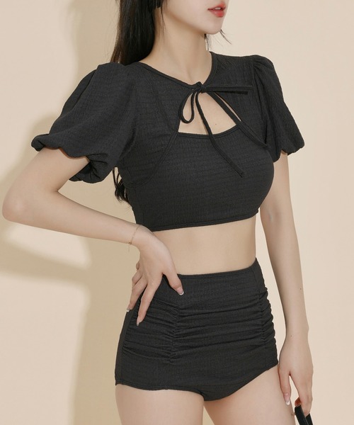 レディース水着 半袖ネックリボンボレロ風バックカットフリルビキニ