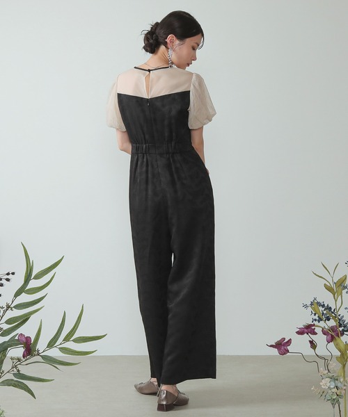 チュール パフスリーブ ワイドパンツ オールインワン ハイウエスト