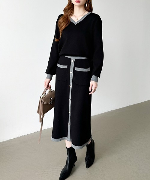 セール】配色ニットナロースカート セットアップ 配色 Vネックニット