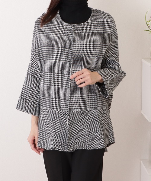 セール】チェック柄 7分袖 ドルマン ポンチョ コート（ノーカラー