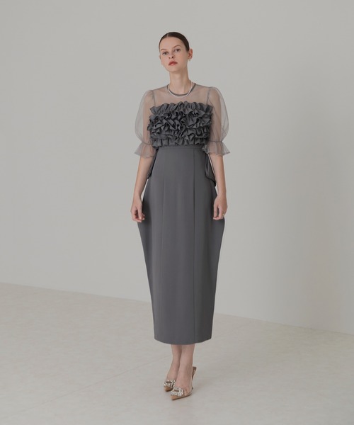 セール】【LEJA】フリルチュールパフスリーブ変形ラインドレス