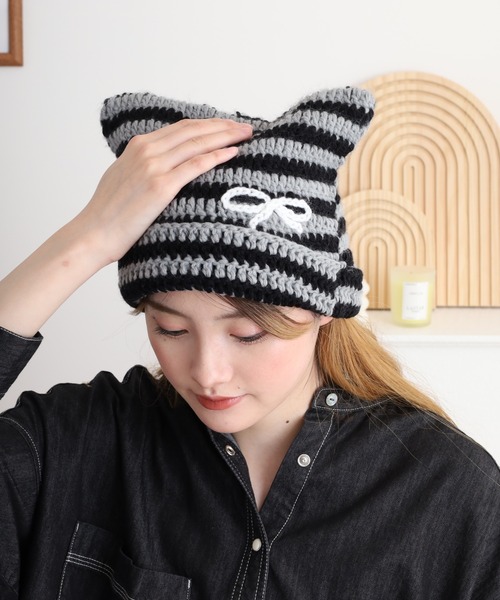 セール】スクエア猫耳ニットキャップ（ニットキャップ/ビーニー