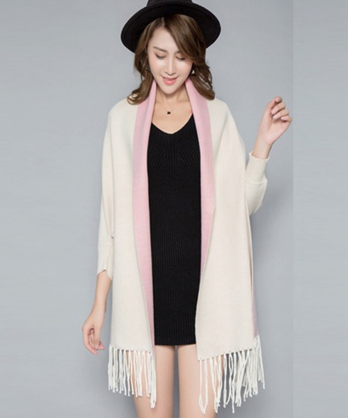セール】バイカラーストール風フリンジカーディガン（ストール