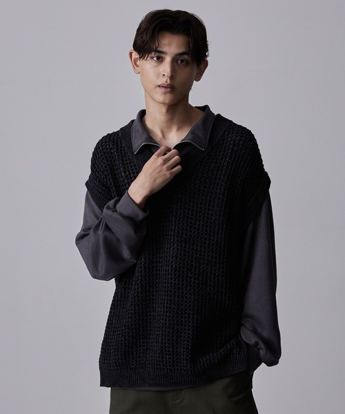CLEL】Watermark Knitting Loose Mesh Vest/透かし編み ルーズ