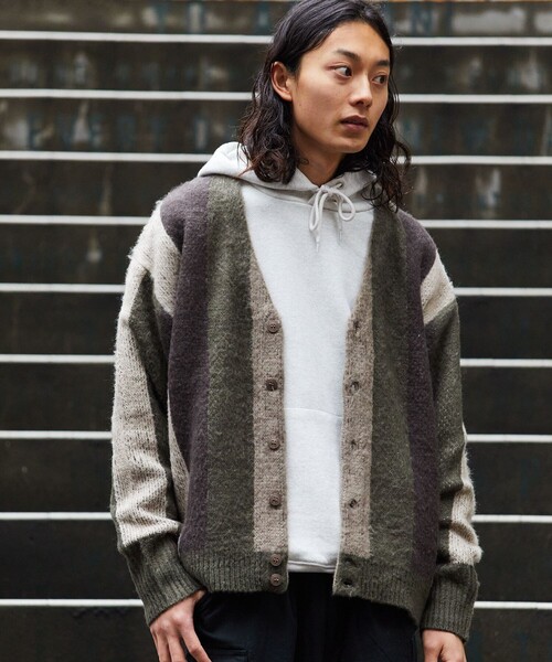 セール】リラックスフィット ストライプ シャギーニットカーディガン