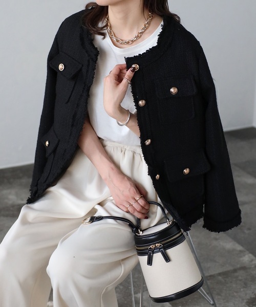 セール】【選べるデザイン】ツイードポケットノーカラージャケット