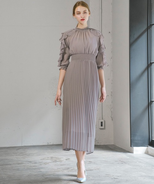 セール】袖フリルシャーリングプリーツ ロング 結婚式 ワンピース