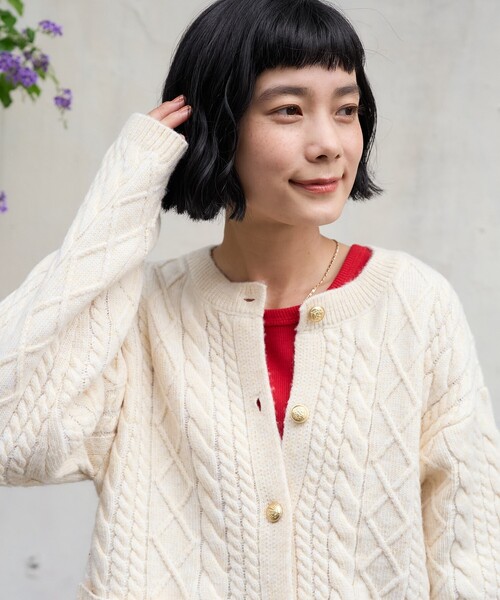 セール】金ボタン ケーブルニットカーディガン（ニット/セーター