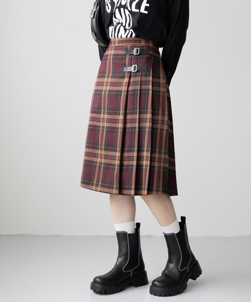 セール】＜選べる着丈＞Wベルト/キルトチェックプリーツスカート