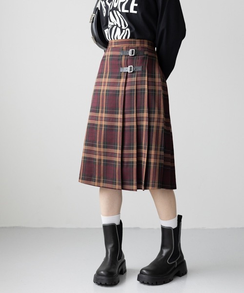 セール】＜選べる着丈＞Wベルト/キルトチェックプリーツスカート