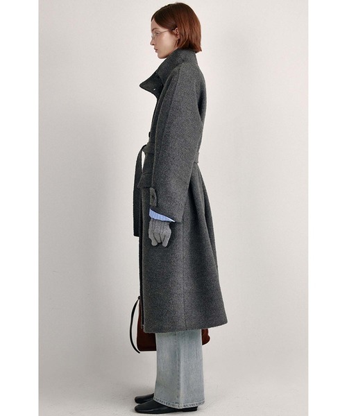 スタンドカラー ウエストベルト付き ウールロングコート FD24W410
